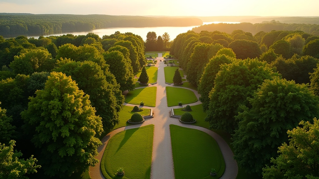 Scenic manor estate gardens with walking paths and mature trees in summer
