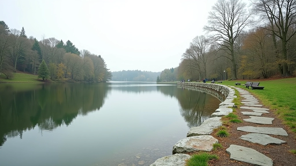 Scenic lakeside view with walking path, water reflecting trees, peaceful waterfront setting