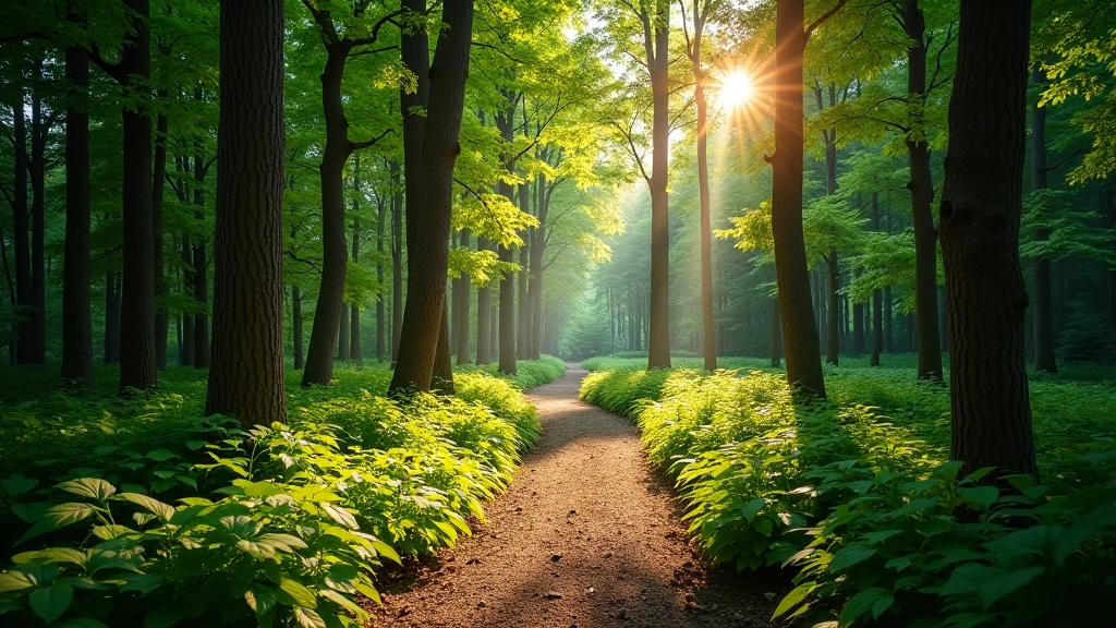 Forest path with tall trees and dappled sunlight