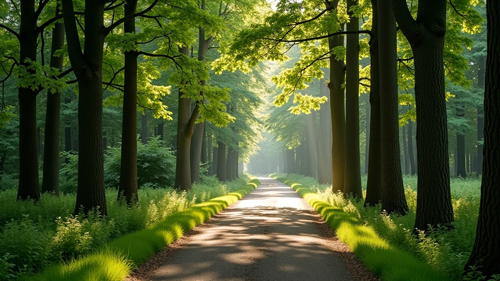 Forest walking trail with dappled sunlight through trees and comfortable wide pathway