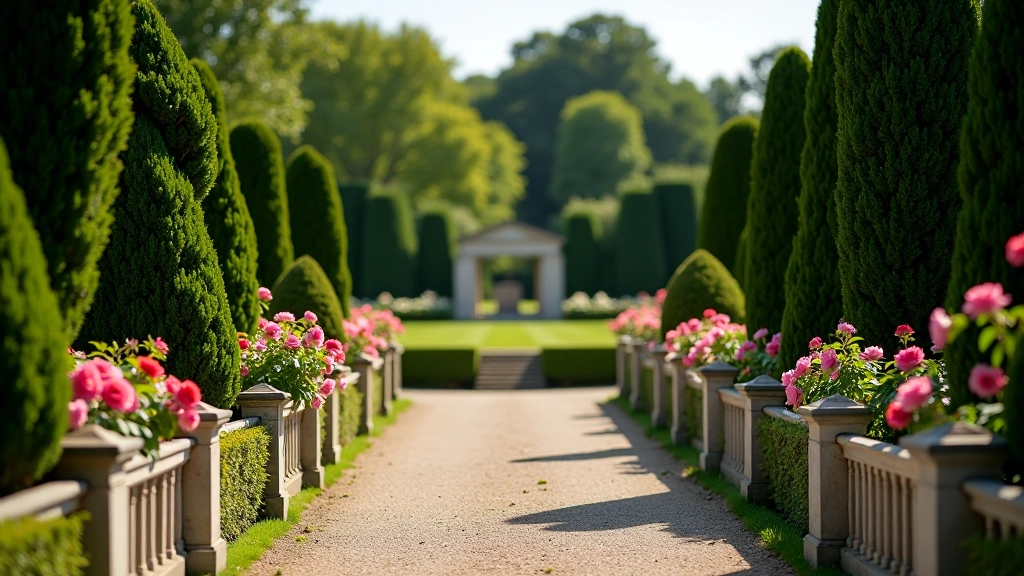 Stone balustrade and formal garden beds with blooming roses and manicured evergreen shrubs
