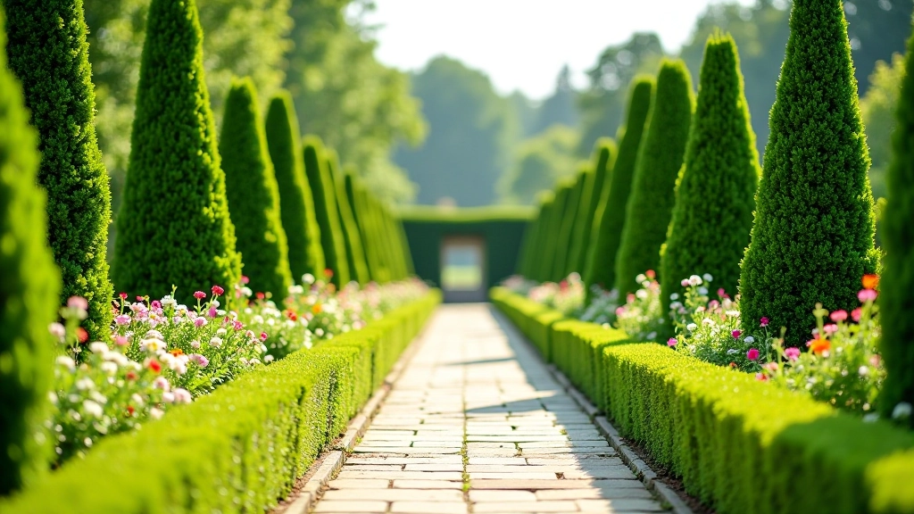 Historic manor estate garden with hedge mazes, flower beds, and traditional landscaping