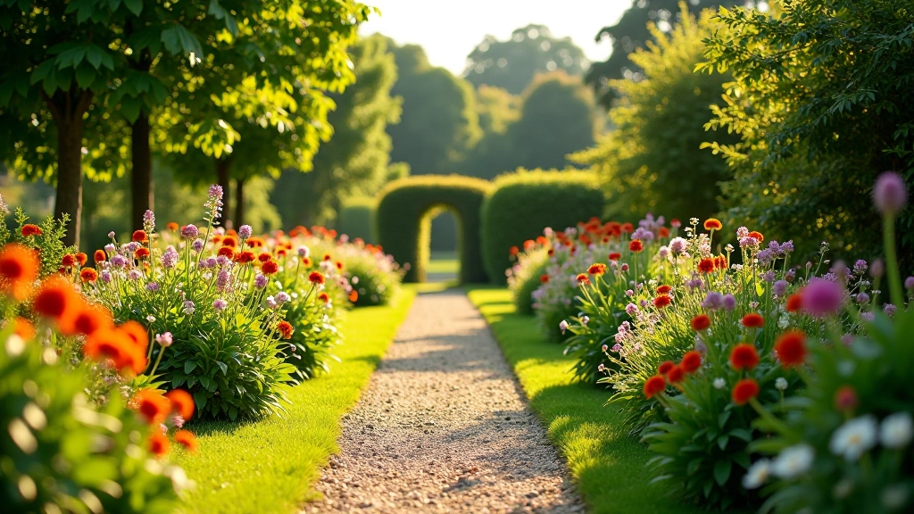 Heritage manor garden with flowering plants and pathways