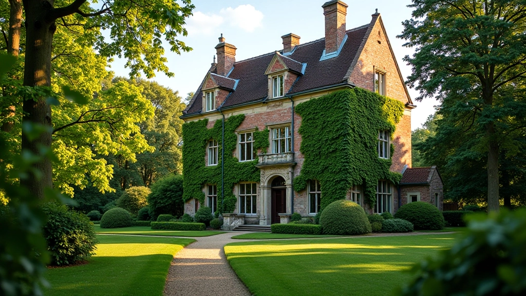 Detail of castle architecture amid manicured gardens