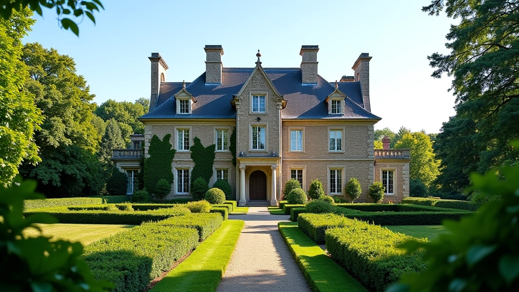 Heritage castle building with restored stone architecture and surrounding manicured gardens in afternoon sunlight