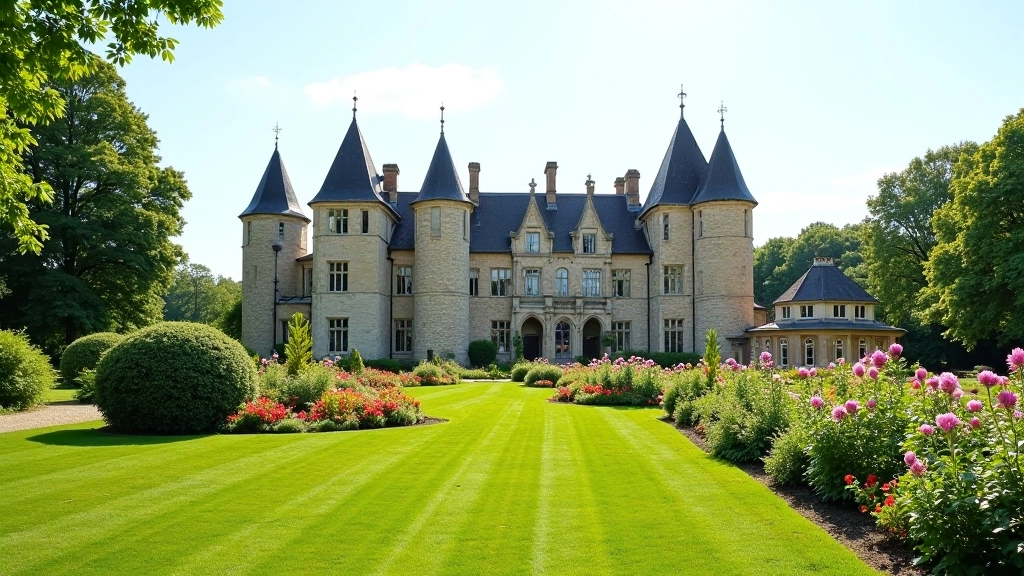 Historic castle stone walls and turrets surrounded by manicured garden beds with flowering plants