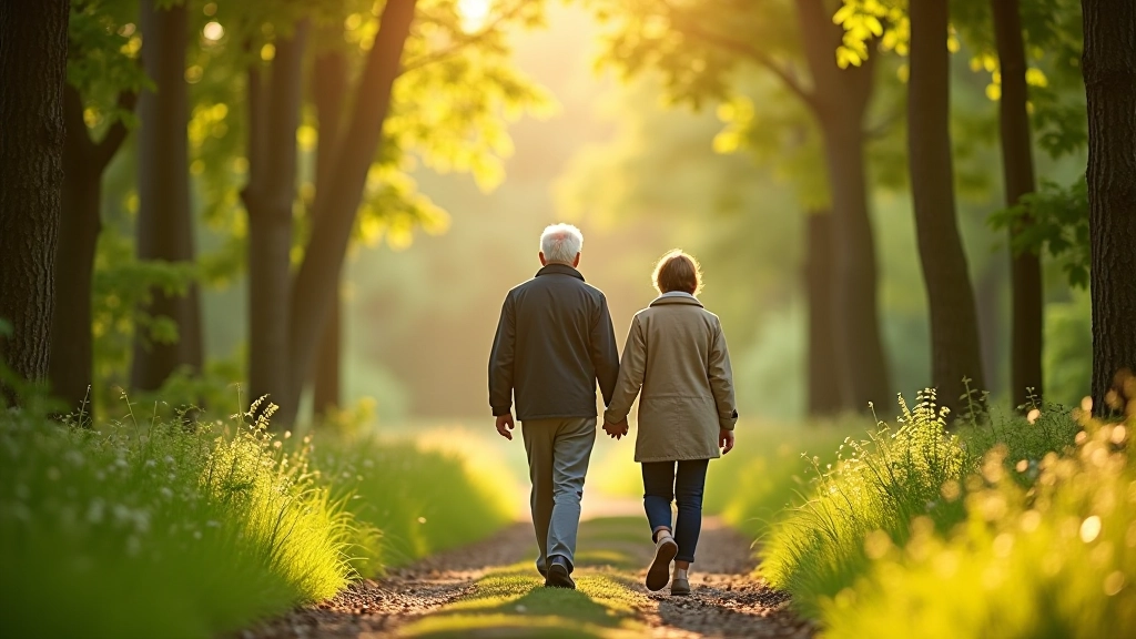 Mature couple walking together on forest path, both enjoying the natural surroundings