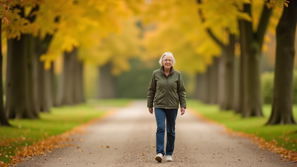 Mature woman walking on tree-lined gravel path in autumn park with golden leaves
