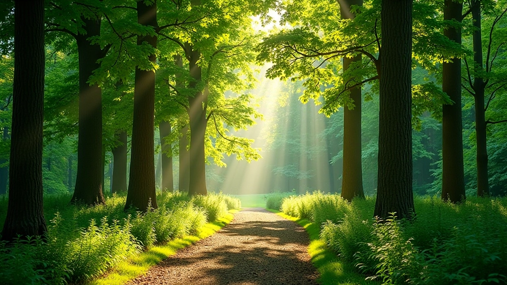Sunlight filtering through dense forest canopy creating dappled light patterns on woodland floor