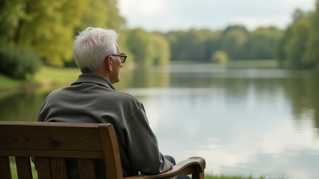 Senior person sitting on wooden bench overlooking lake, peaceful contemplative moment, trees and water in background