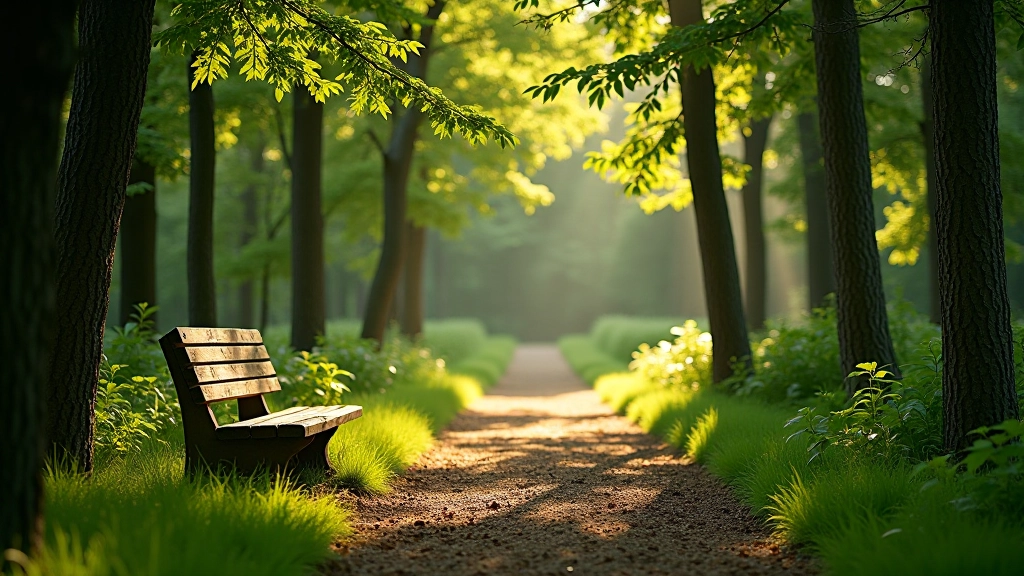 Wooden bench nestled in a quiet forest clearing with tall trees surrounding it and natural woodland background
