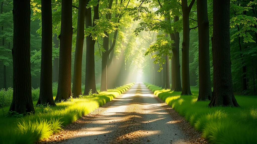 Peaceful forest pathway lined with tall trees and dappled sunlight filtering through the canopy, gravel walking path, natural lighting