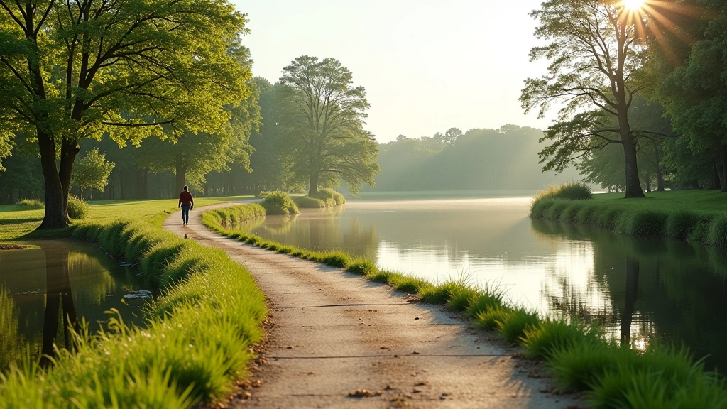 Serene lakeside walking path with water reflections