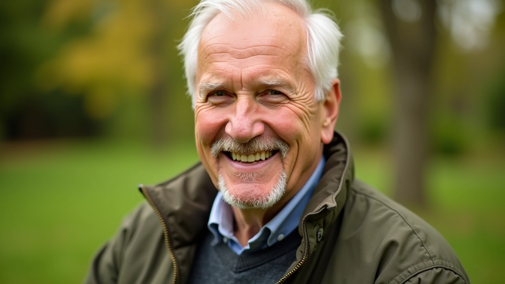 Older man with warm smile in park setting, portrait shot
