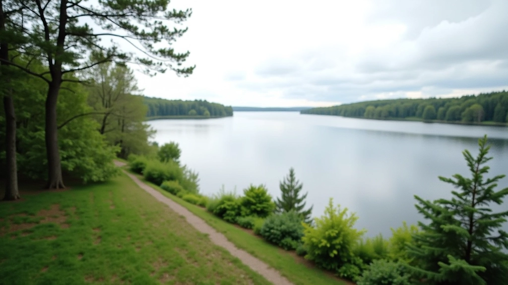 Lakeside vista from elevated viewing point, expansive water view with distant tree line, peaceful landscape