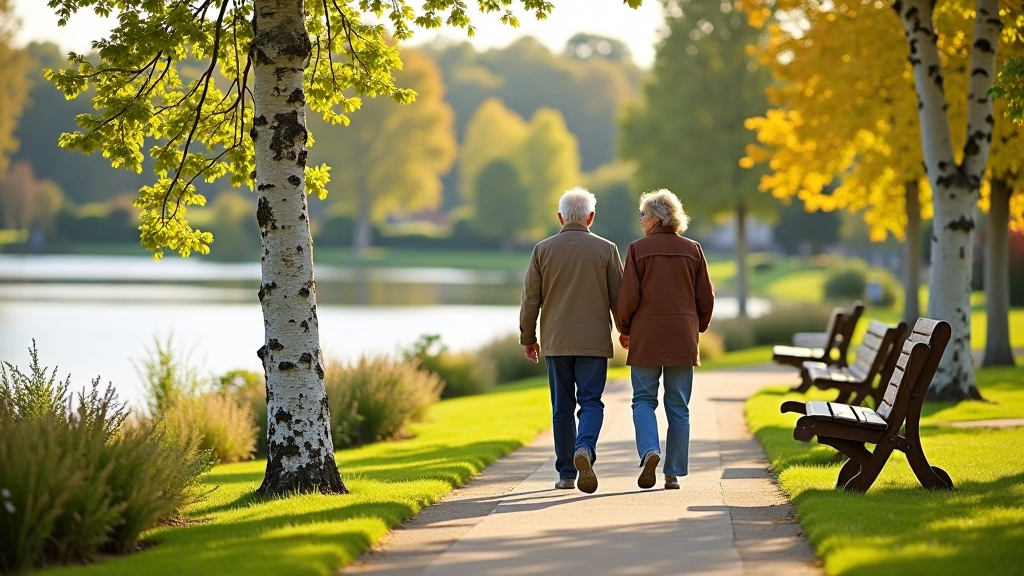 Peaceful lakeside path with benches overlooking water and native vegetation