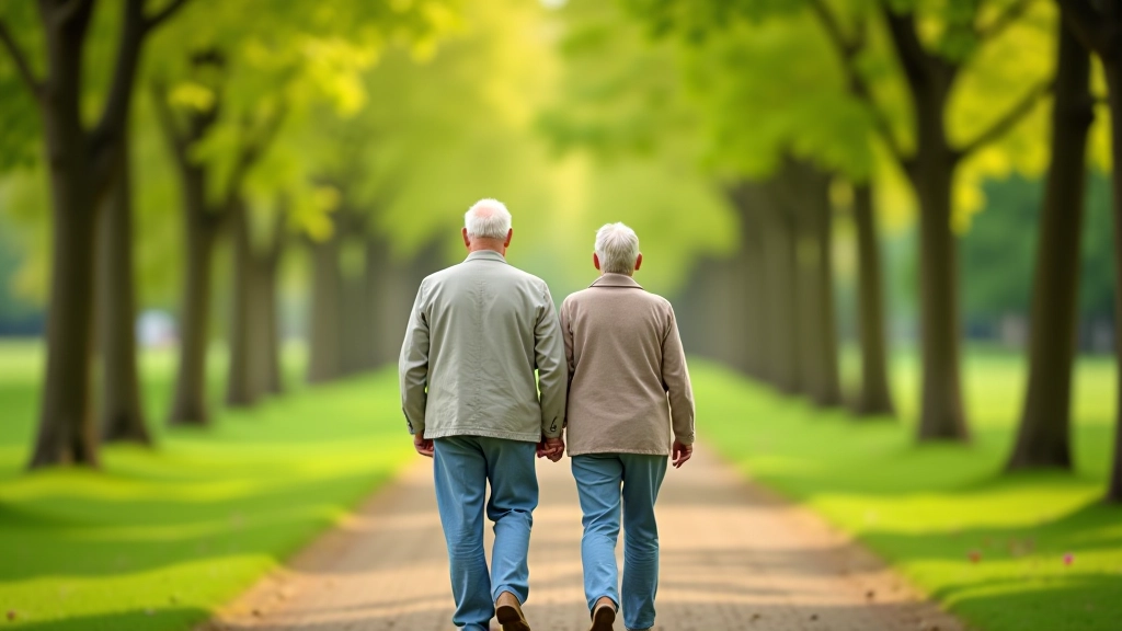 Senior couple walking together on tree-lined path, both smiling, comfortable casual clothing, natural outdoor lighting, portrait from back