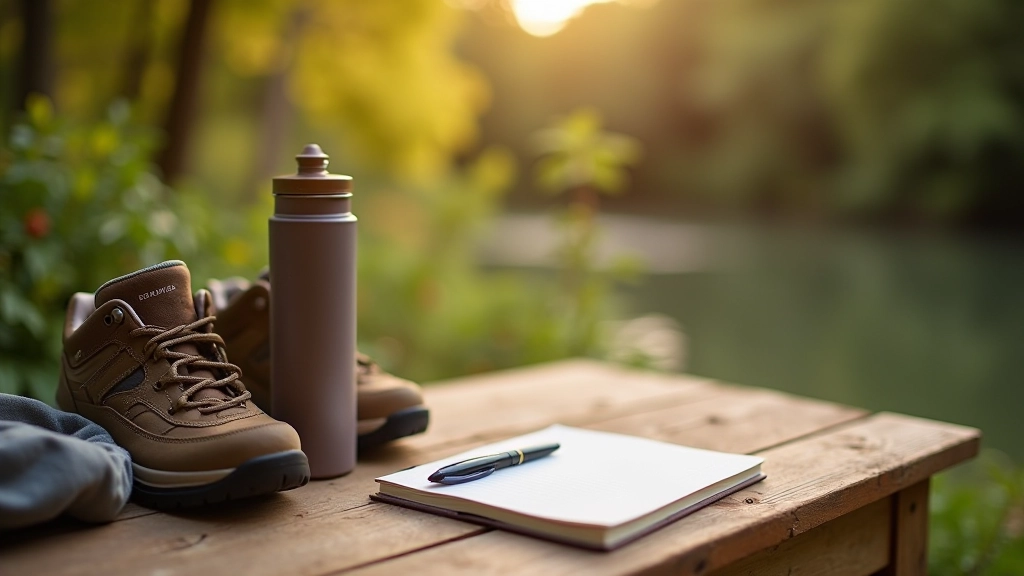 Neatly arranged hiking essentials including comfortable walking shoes, water bottle, light jacket, and nature journal on wooden surface