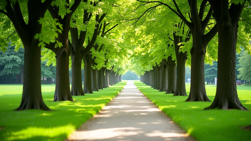 Mature tree-lined pathway with dappled sunlight filtering through canopy, smooth paved walkway, peaceful garden setting