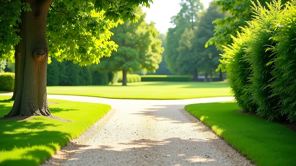 Wide gravel path through manor gardens with well-maintained landscaping, clear walking surface, overcast sky, daytime