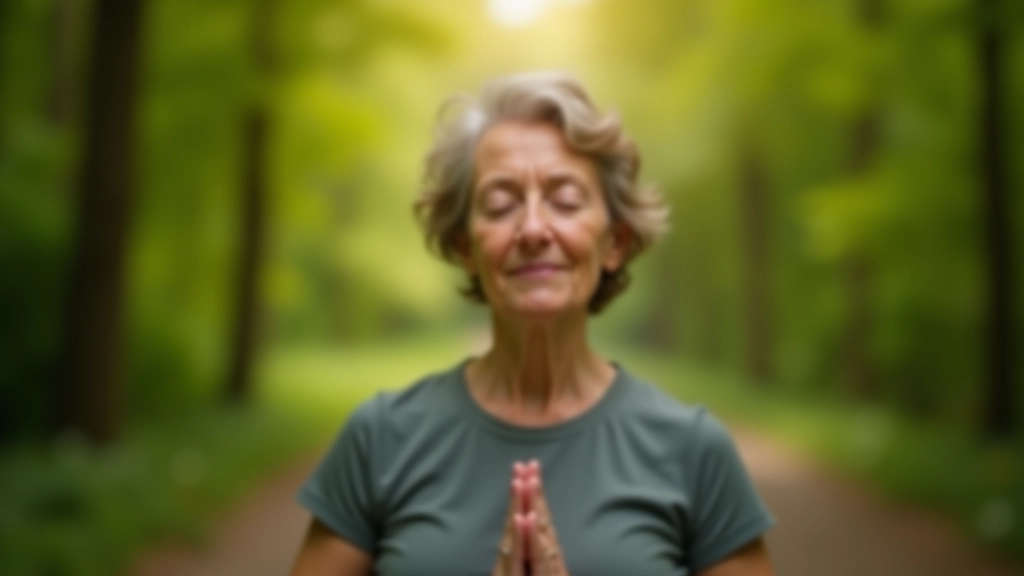 Older woman practicing deep breathing exercises on a forest path with eyes closed and peaceful expression
