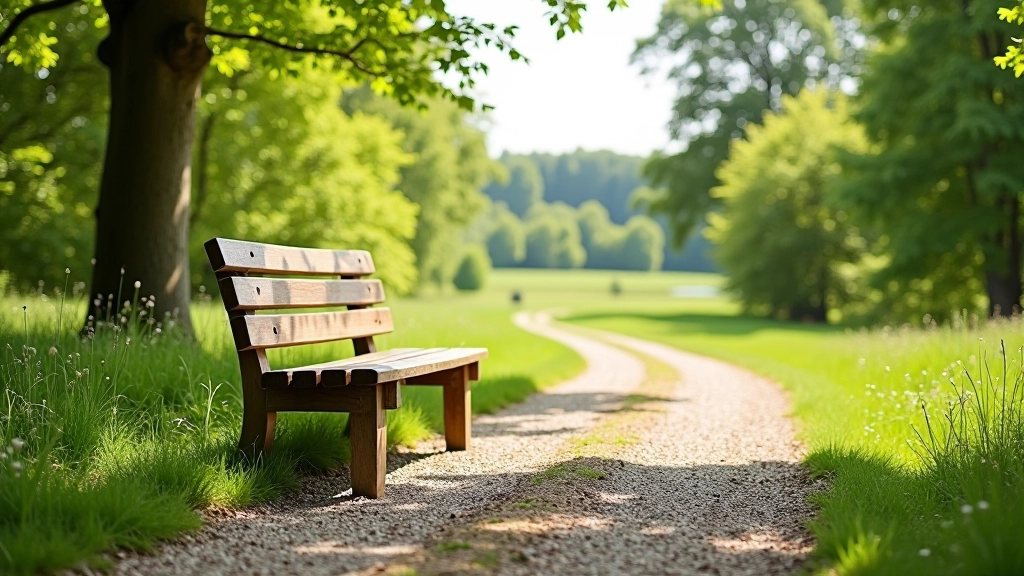 Wooden bench positioned on gravel path overlooking landscape, surrounded by trees and natural scenery, peaceful outdoor setting