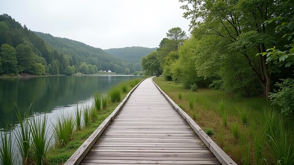 Wooden walking path overlooking calm lake with native trees lining the shore, birds visible in distance